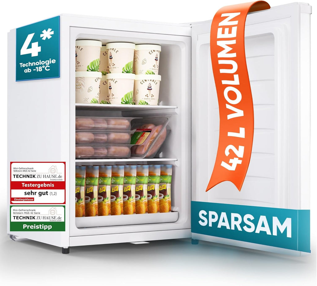 Stillstern Mini Gefrierschrank (42L) -18°C, Eiswürfelschale, Schloss, Türanschlag wechselbar, 4-Sterne Tiefkühlschrank für Camping/Büro Gefriertruhe Klein Gefrierschrank Klein Tiefkühltruhe
