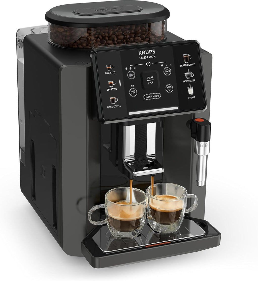 Krups Sensation Kaffeevollautomat, Milchschaumdüse, 5 Getränke, Filterkaffee-Funktion, 2-Tassen-Funktion, Kaffeemaschine, Schwarz, EA910810