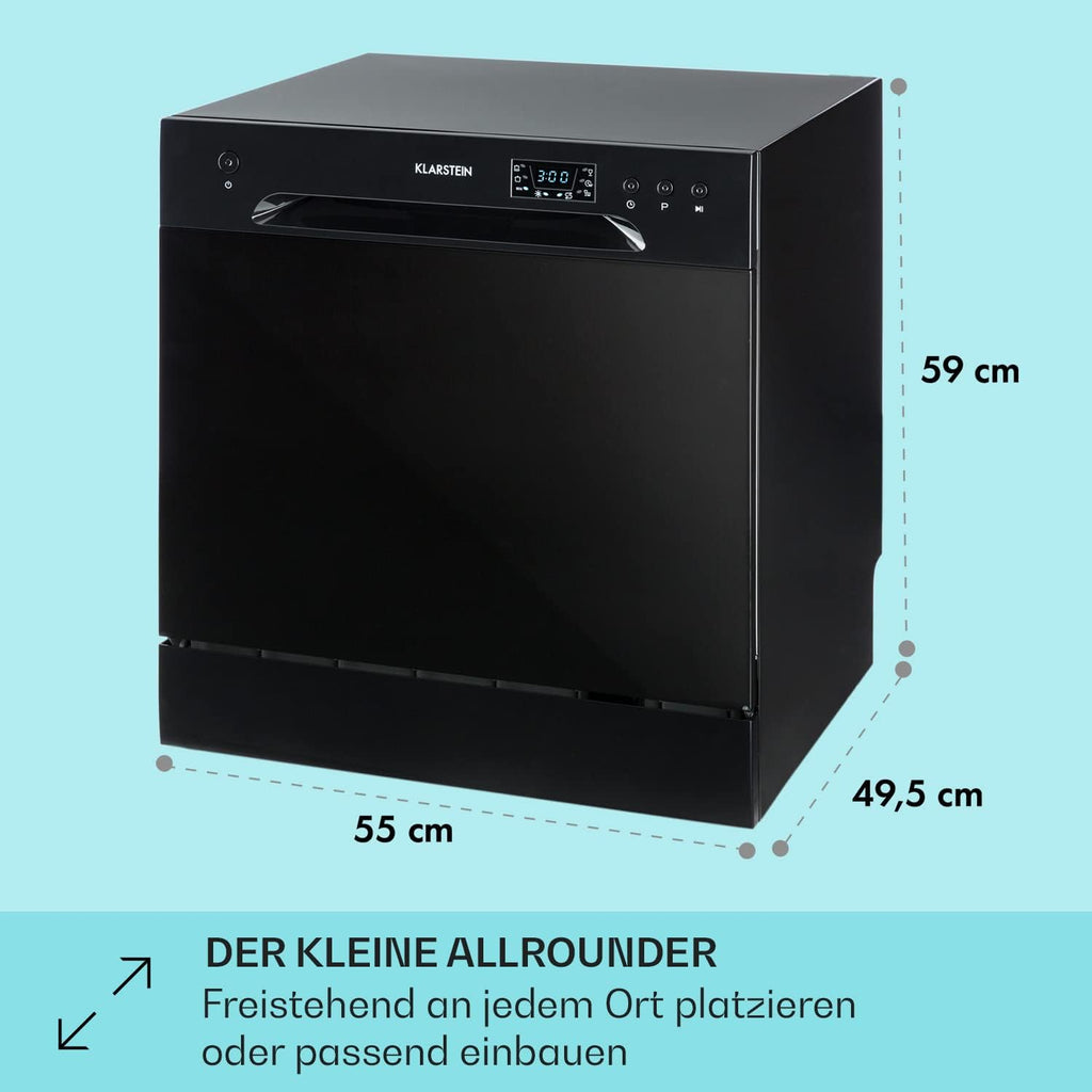 Klarstein  ia 8 - Spülmaschine, Geschirrspüler, Freistehend, Teilintegriert, F, 55 cm breit, 8 Maßgedecke, 6 Programme, Aquastop, silber