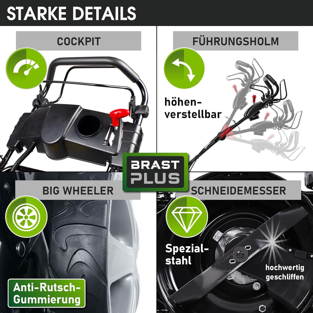 BRAST Benzin Rasenmäher mit Antrieb | 5,2kW(7PS) | Elektrostart | 48cm Schnittbreite | viele Modelle | TÜV | 4 Takt OHV Motor | 30-80mm Schnitthöhe | 60L Fangkorb | Stahlgehäuse | 19224 ESTART Speed