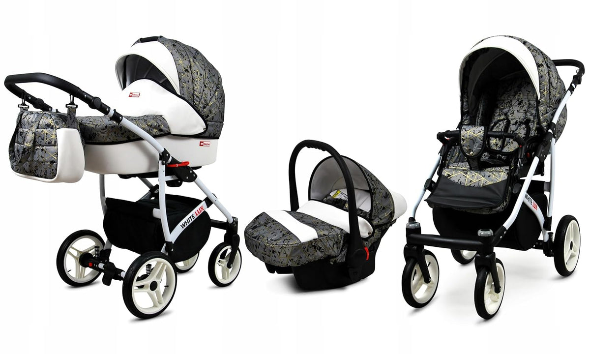 BabyLux® Bambimo Kinderwagen Set 3 in 1 - White Lux - incl. Babywanne, Buggy Sportsitz, Auto-Babyschale - Autositz - Kinderwagenset - Kombikinderwagen mit Wickeltasche, Regenschutz usw.