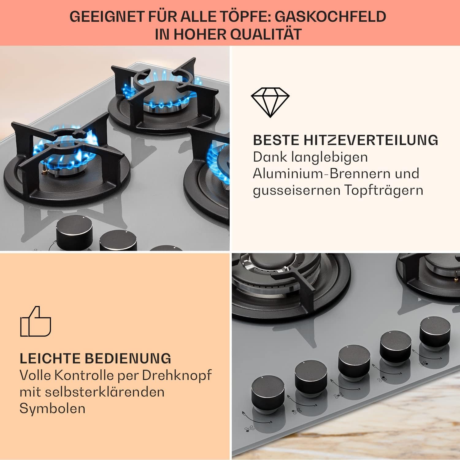 Klarstein Gasherd, Einbau-Gasherd für Propan Gasflasche, Gaskochfeld 4 Flammig, Gasherd für Küche, Camping & Wohnmobil, 8000 W Kochplatte, LPG Gaskocher, Herdplatte für Propangas, Edelstahl Gas-Herd