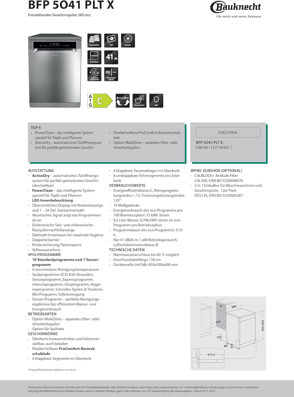 Bauknecht B7F HP43 XA Freistehender Geschirrspüler/ 60 CM/ 15 Maßgedecke/PowerClean Pro-Effektive Hochdruckdüsen/Natural Dry-Automatische Türoffnung-Bessere Trocknung/Maxi Space-Mehr Innenraum