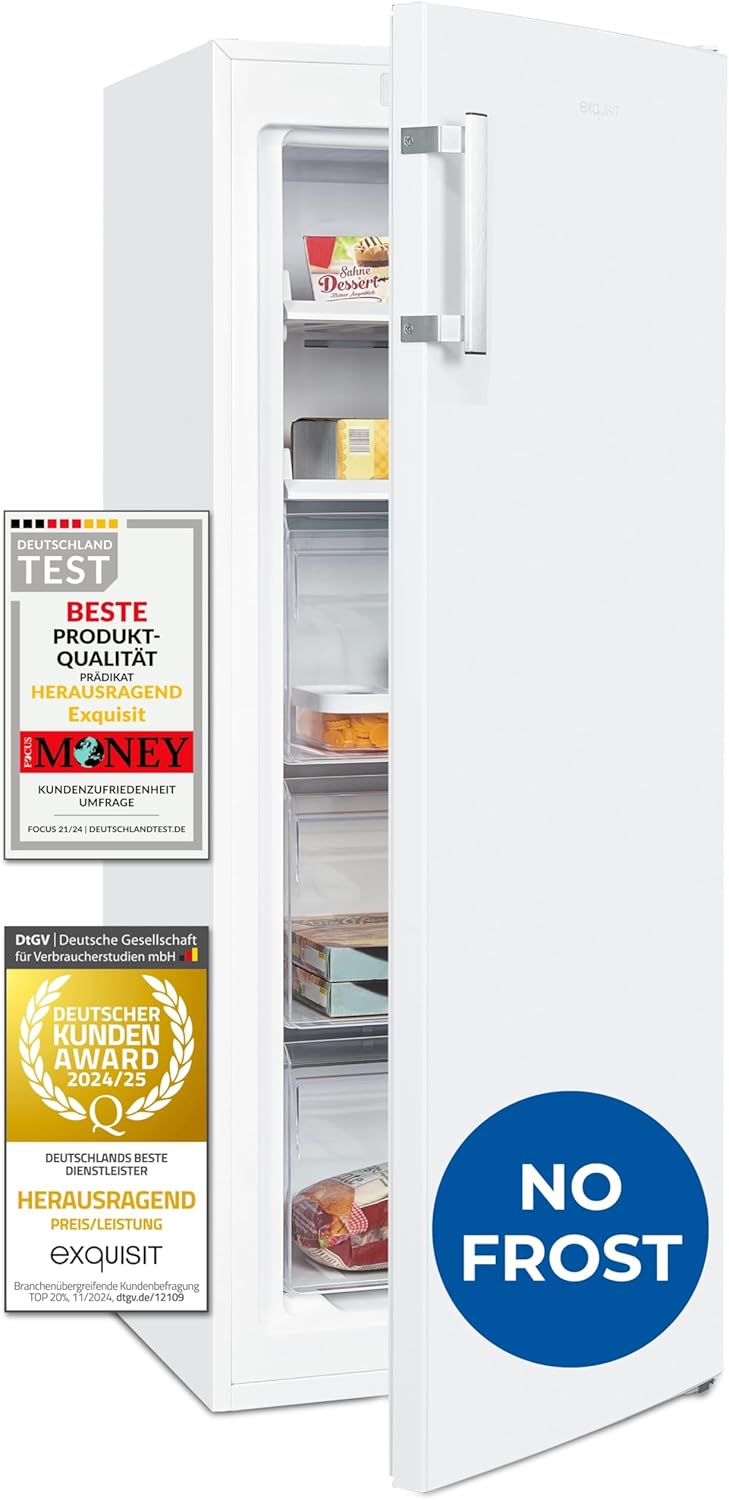 Exquisit Gefrierschrank NoFrost, Tiefkühlschrank groß, 161 Liter, Schnellgefrieren, Alarm-Funktion, GS5231-NF-H-040C weiss