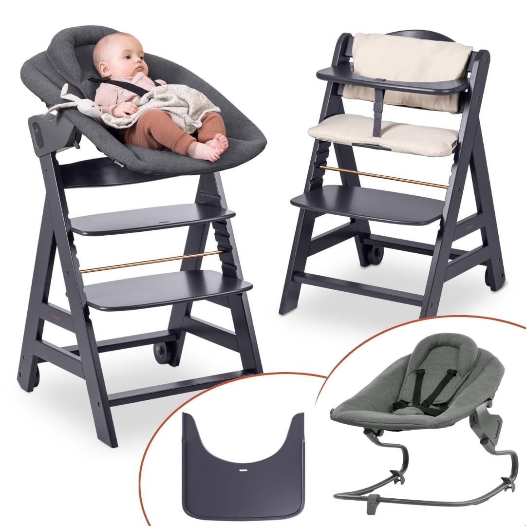 hauck Hochstuhl Beta+ Newborn Set Premium Dark Grey - Babyhochstuhl Set ab Geburt mit Neugeborenen Aufsatz Bouncer, Sitzpolster und Essbrett - Dark Grey