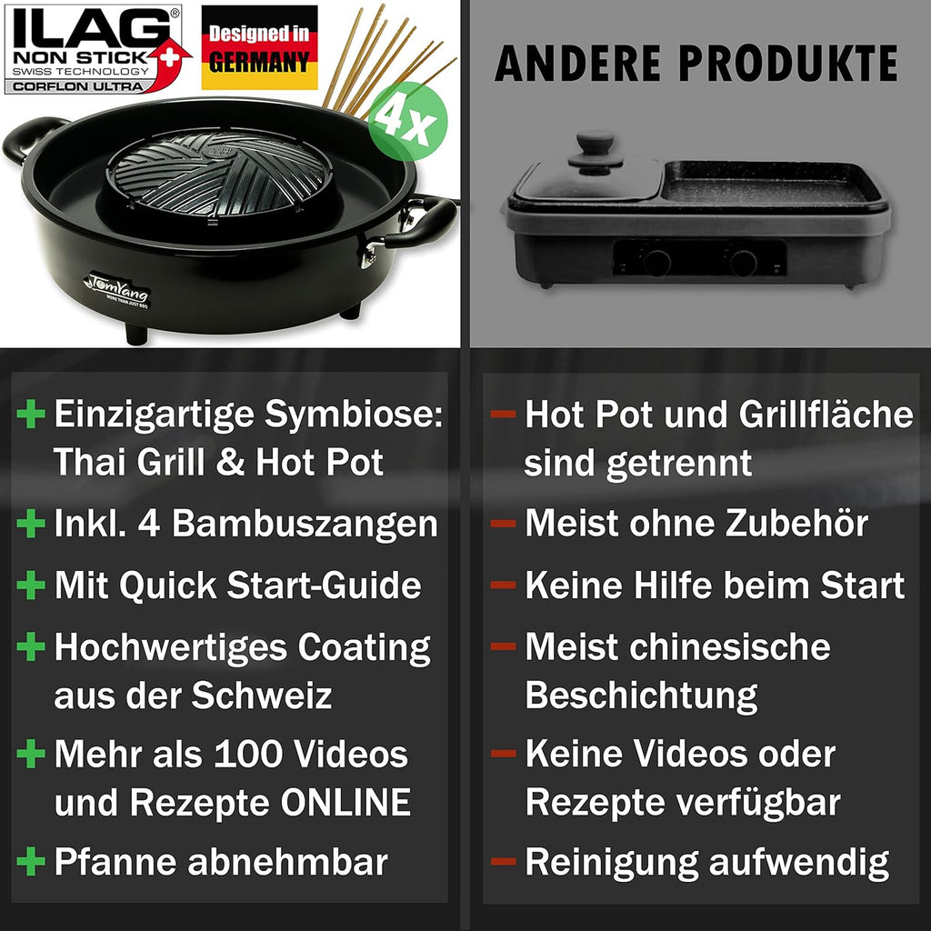 TomYang BBQ inkl. Premium Zubehör für 2 Personen - Original Thai Grill und Hot Pot. Die gesunde Schlankmacher-Küche aus Fernost als Tischgrill, Elektrogrill und Asia Fondue