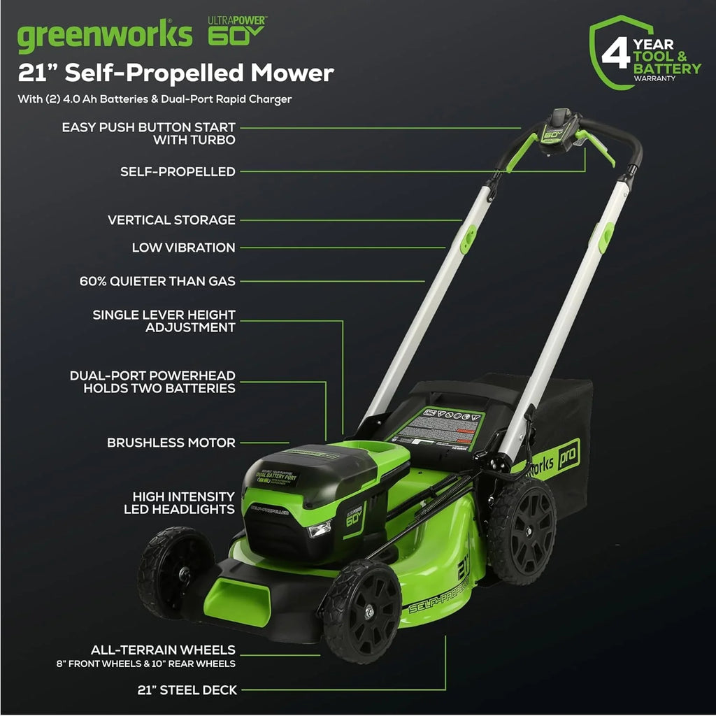 Greenworks 60V 21” Cordless (Self-Propelled) Lawn Mower , 2 x 4.0Ah Batteries and Dual Port Rapid Charger