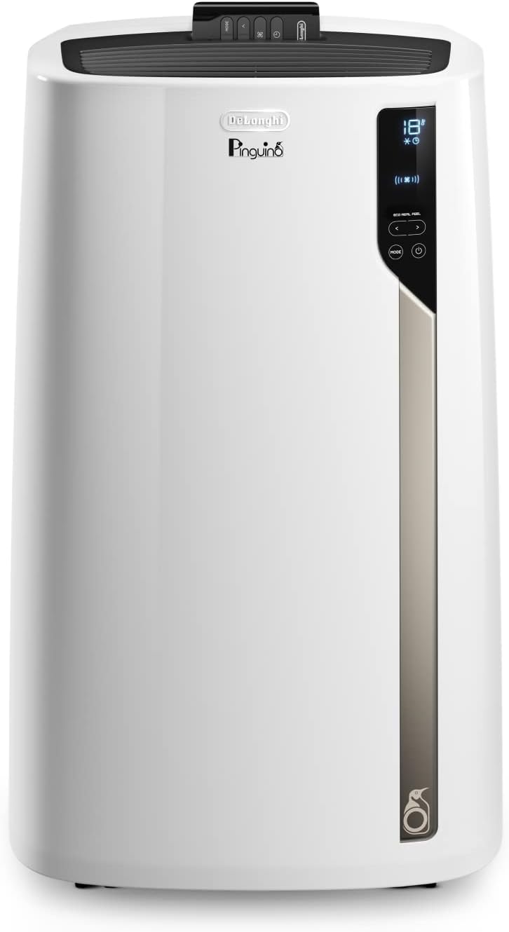 De'Longhi Pinguino PAC EM82, Mobile Klimaanlage für Rume bis zu 80 m, 9.400 BTU, 2,4 kW, 63 dB, Entfeuchtungsfunktion, Energieklasse A, 24h-Timer, Wei
