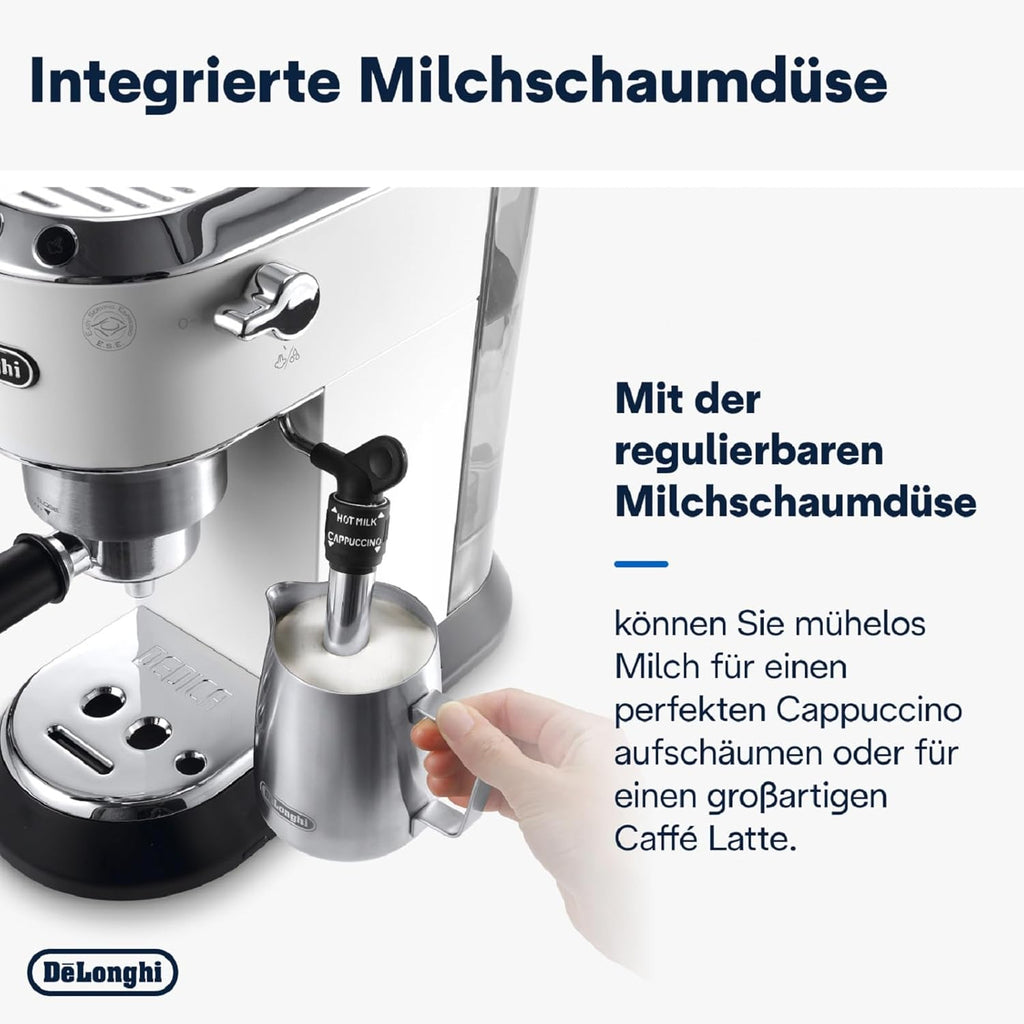 De'Longhi Dedica Style EC 685.M – Espresso Siebtrgermaschine, Espressomaschine mit professionellem Milchaufschumer, nur 15 cm breit, für Kaffeepulver oder ESE Pads, 1 l Wassertank, silber