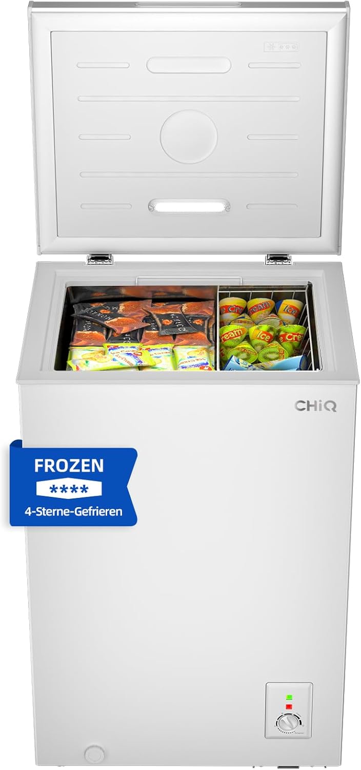 CHiQ FCF98DE Gefriertruhe 99 L, 54,5 x 47,6 x 83,5 cm, 4-Sterne-Gefrieren, Thermostatsteuerung, Drahtgestell, Schwebetür, Geräuscharm, Weiß
