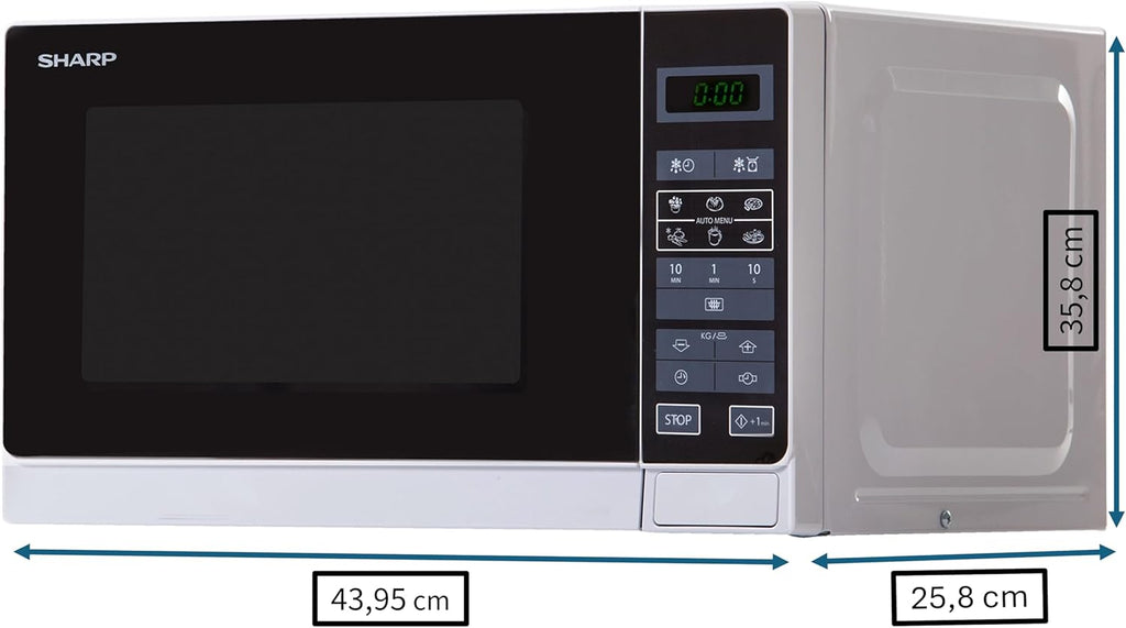 Sharp R242INW Solo-Mikrowelle / 20 L / 800 W / 5 Leistungsstufen / 8 Automatikprogramme / Gewicht- und zeitgesteuerte Auftauen / Kindersicherung / Energiesparmodus / Glasdrehteller (25,5 cm) / silber