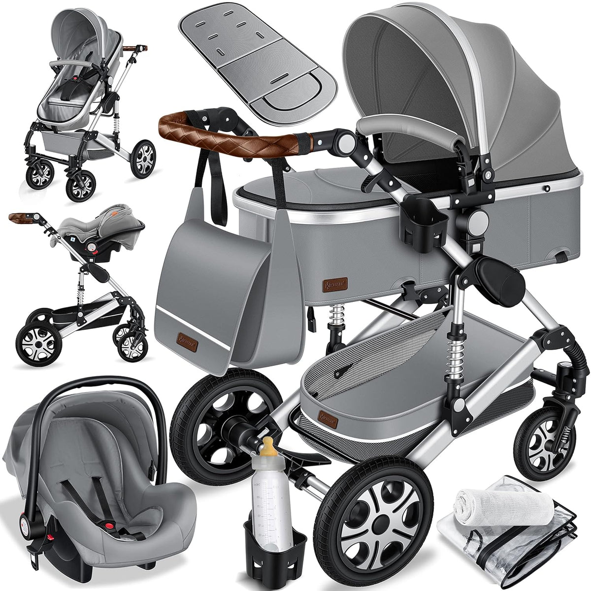 KESSER® Loops 3 in 1 Kinderwagen Kombikinderwagen Komplett-Set inkl. Babywanne & Buggy Sportsitz & Auto-Babyschale Voll-Gummireifen Wickeltasche Regenschutz Kindertisch ECE R129, Grau/Silber