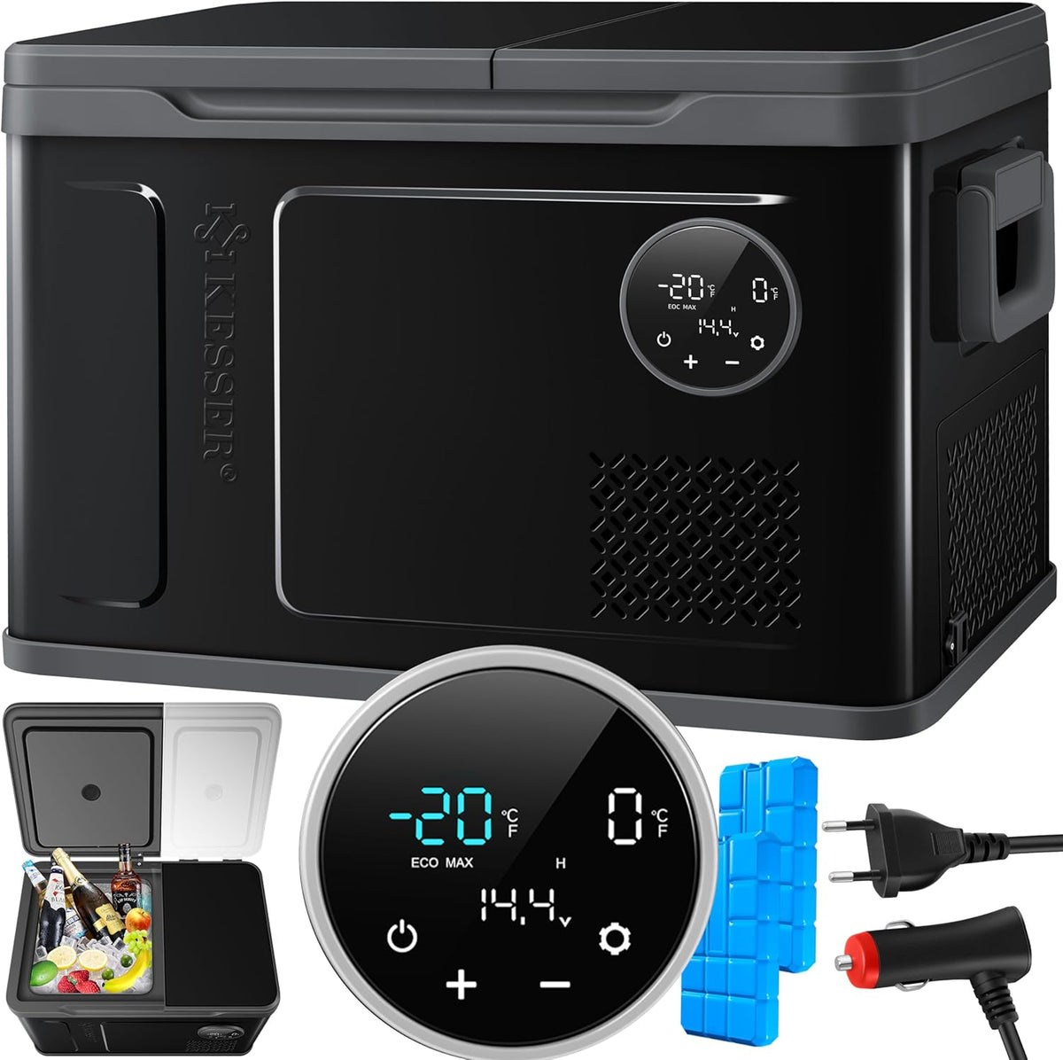 KESSER® Kompressor Kühlbox 2in1 Doppelzone Kühl & Gefrierfach elektrische Gefrierbox mit 2x Kühlakkus & LED-Touch-Bedienung | Kühlschrank Kühlung bis -20 °C für Camping, Auto, Lkw 12/24V 230V