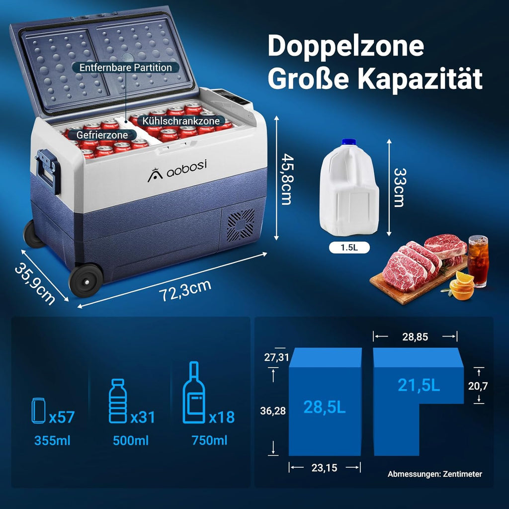 AAOBOSI Compressor Cool Box 36 L, Cool Box Car with WiFi App Control, 12/24 V and 100-240 V Electric Cool Box, up to -20 °C for Car, Truck, Boat, Motorhome, Camping, Double Zone