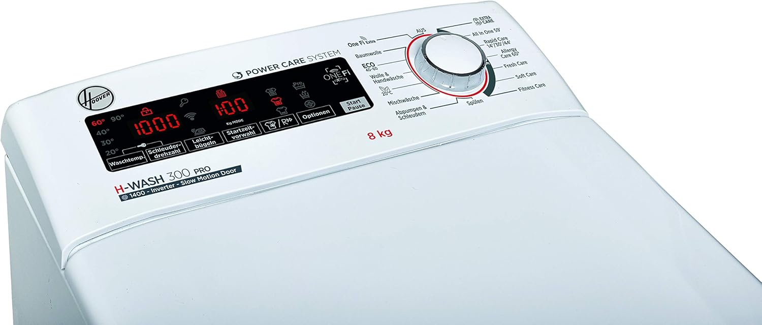 Hoover H-WASH 300 H3TFMQ48TAMCE-84 Waschmaschine Toplader / 8 kg / 1400 U/Min/BPM Inverter Motor/Power Care System/All in One Programm/Slow Motion Öffnungsmechanismus/deutsche Bedienblende
