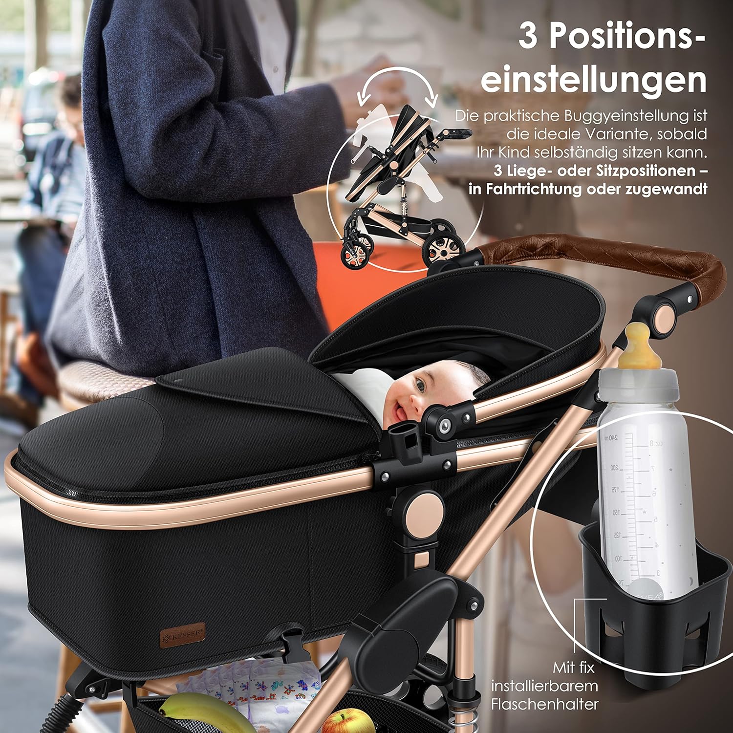 KESSER® Loops 3 in 1 Kinderwagen Kombikinderwagen Komplett-Set inkl. Babywanne & Buggy Sportsitz & Auto-Babyschale Voll-Gummireifen Wickeltasche Regenschutz Kindertisch ECE R129, Schwarz/Champagne