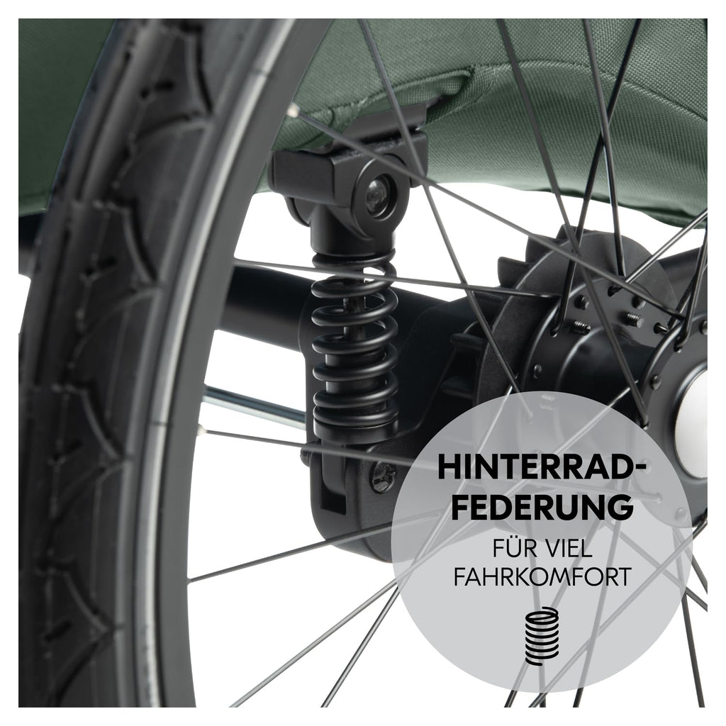 hauck Fahrradanhänger & Kinderwagen Dryk Duo Plus mit Federung, für 2 Kinder (6-48 Monate), inkl. Deichsel, Buggyrad, Fahne und LED Licht, Faltbar, Höhenverstellbar, XL Kofferaum (Dark Green)