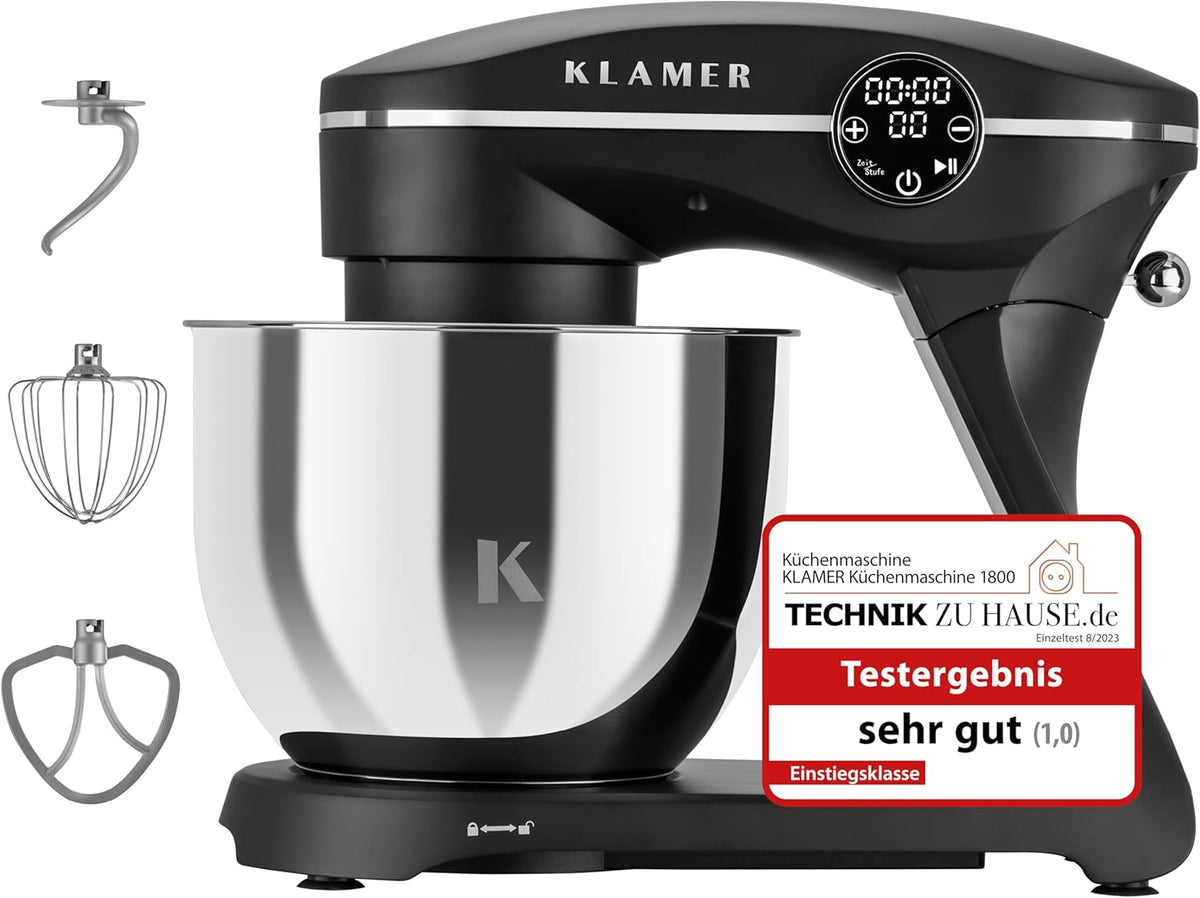 KLAMER Küchenmaschine 1800W, Knetmaschine mit 6 Liter Edelstahl Schüssel, 10 Geschwindigkeitsstufen mit Timer, Rührbesen, Knethaken, Schneebesen und Spritzschutz
