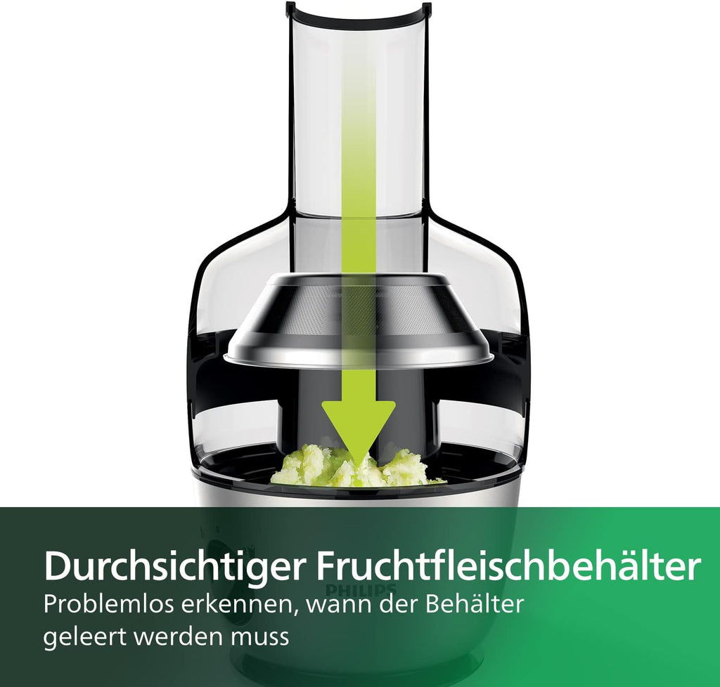Philips Entsafter – 1100W, 2L, HomeID-Rezepte-App, XXL-Einfüllffnung, QuickClean (HR1921/20), 25 x 43.2 x 29.6 cm, Edelstahl