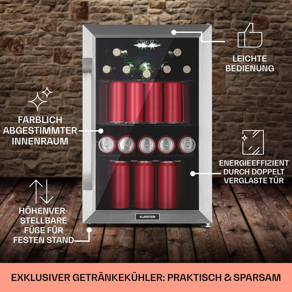 Klarstein Kühlschrank 70L, Kleiner Kühlschrank mit Herausnehmbaren Ablagen, Leiser Mini Kühlschrank mit Glastür & LED, Getränkekühlschrank Klein, Outdoor Geeignet, Biersafe für Flaschen, 0-10°C