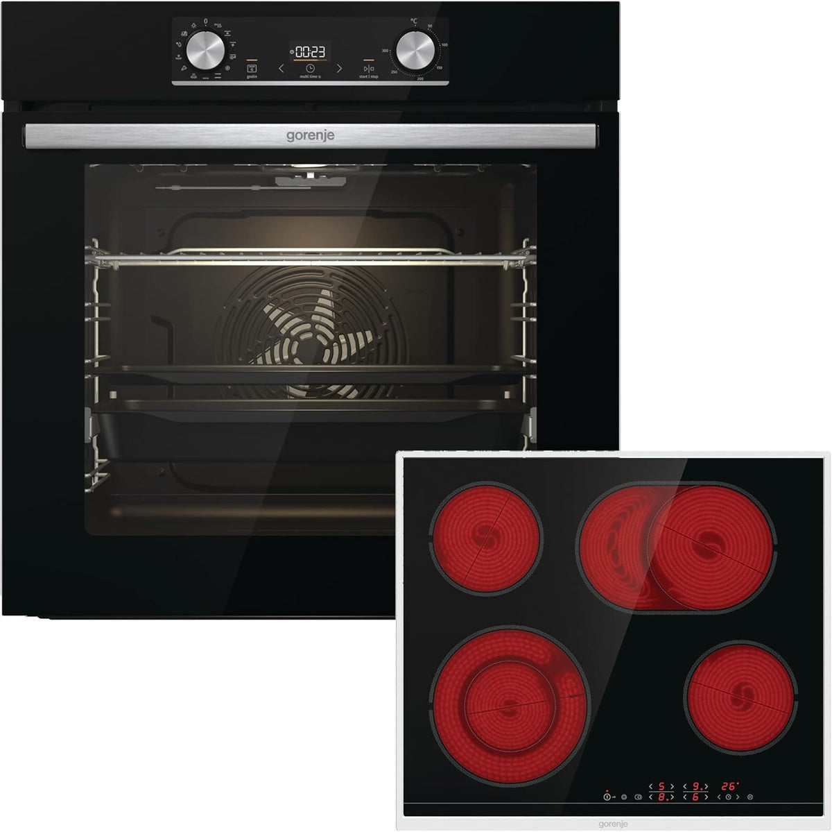 Gorenje 738971 Einbaubackofen-Set OptiBake Black Steam Pyro Set / 77L / Heißluft/Pyrolyse/ExtraSteam/GentleClose/AirFry/Pizzamode 300°C/PerfectGrill/Induktions-Kochfeld mit BridgeZone/schwarz