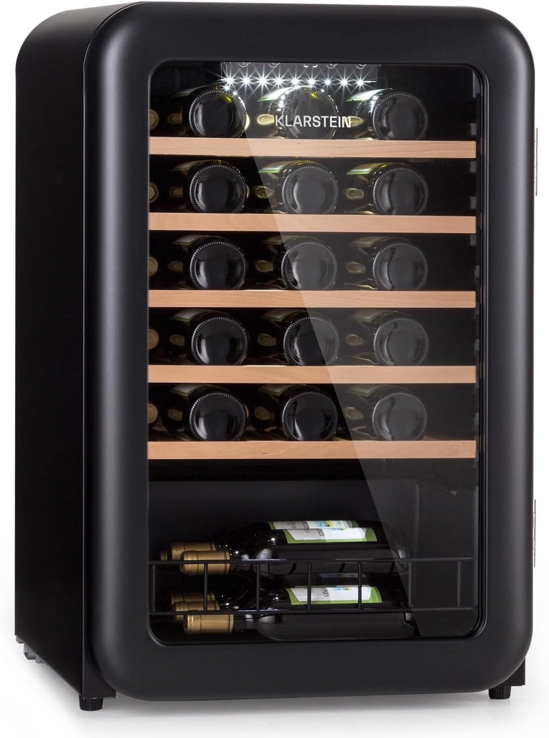 Klarstein Weinkühlschrank, Getränkekühlschrank Schmal, Kühlschrank mit Glastür, Getränkekühlschränke Freistehend, Weinkühlschrank Klein, Weinkühlschränke 1 Zone, UV-Schutz, 4-22 °C, 19 Flaschen