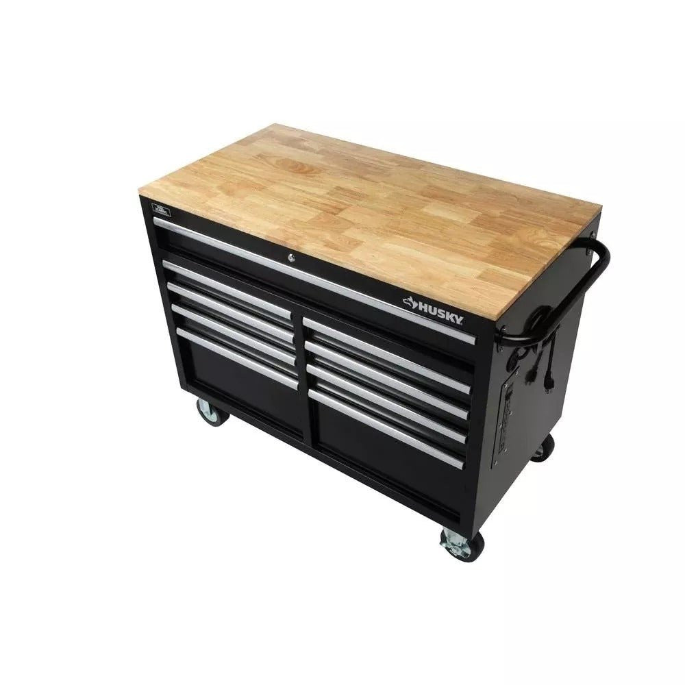 46 Zoll B x 24 Zoll T, tiefer Werkzeugkasten mit 9 Schubladen, glänzend schwarz, mobile Werkbank