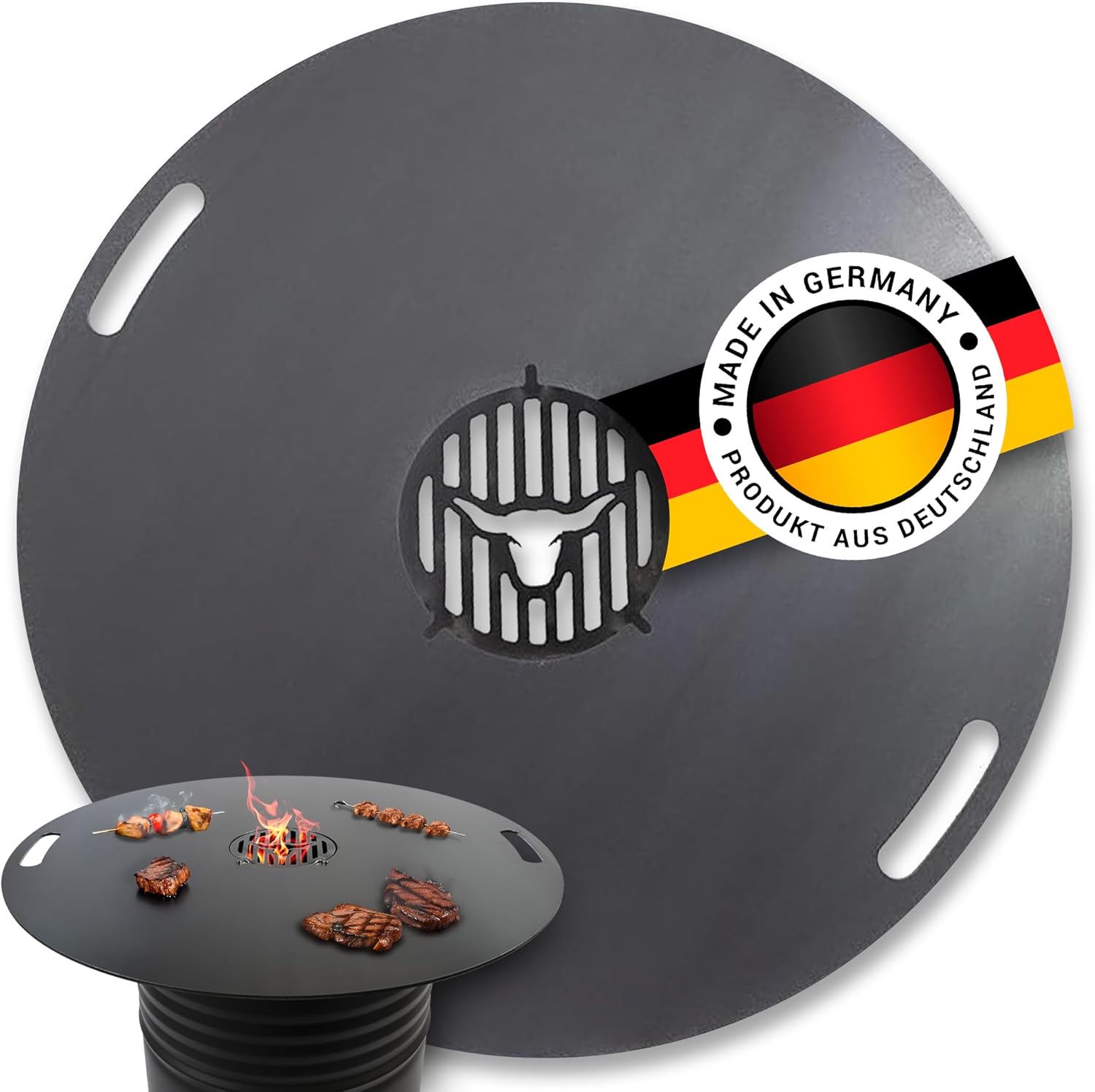 Feuerplatte für Kugelgrill Handgriffe 90 cm, 5 mm Stärke #921 – INKL. Grilleinsatz, Grillplatte für Feuertonne & Feuerschale, Massive Stahlplatte Plancha Grillring für BBQ & Teppanyaki