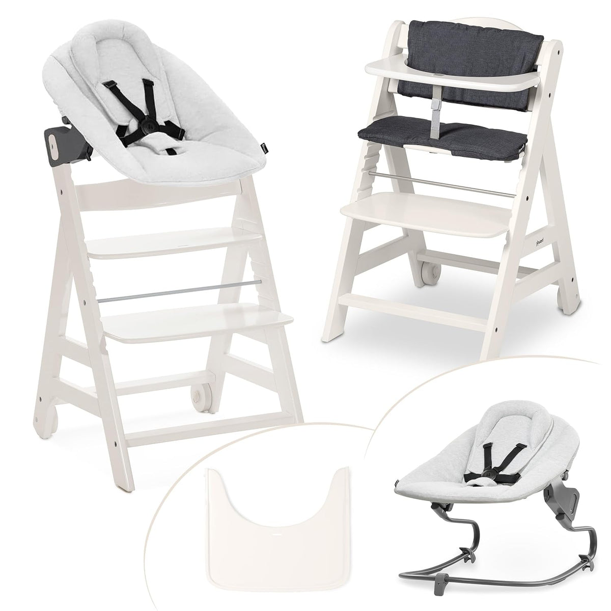 hauck Hochstuhl Beta+ Newborn Set Premium Dark Grey - Babyhochstuhl Set ab Geburt mit Neugeborenen Aufsatz Bouncer, Sitzpolster und Essbrett - Dark Grey