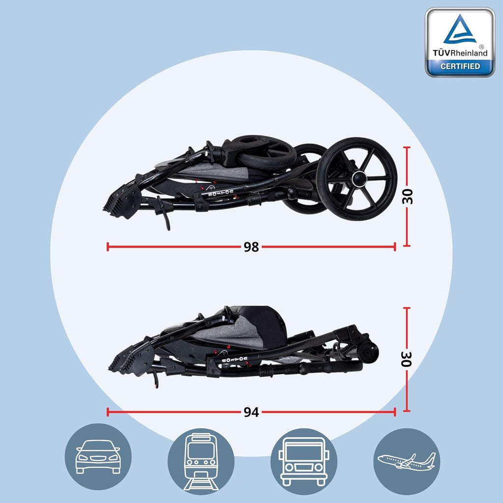 GaGaDumi Boston Kinderwagen 3 in 1 Komplettset mit Autositz - Kombikinderwagen mit großen Rädern - TÜV-zertifiziert - Baby Stroller Set - für Neugeborene und Kleinkinder Grau Jeans