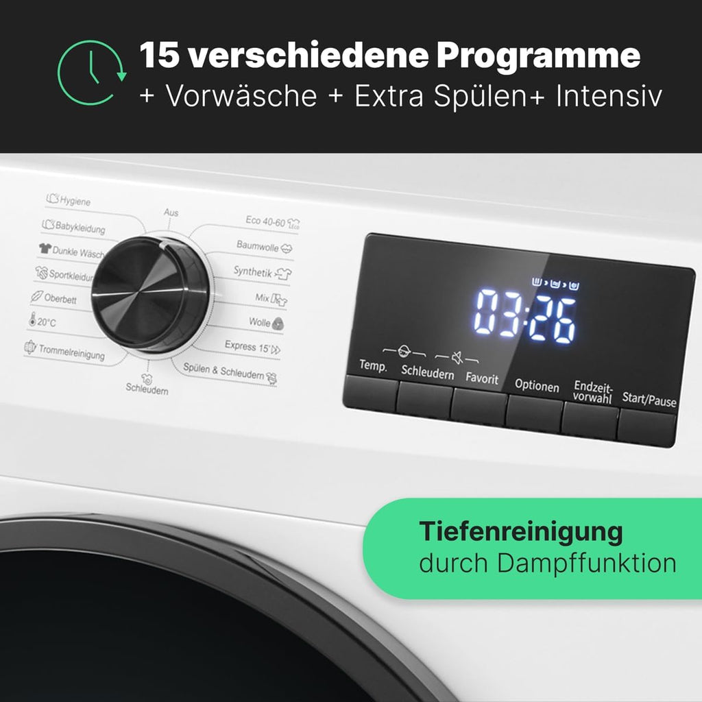 Bomann Waschmaschine 7kg | max. 1400 U/min | 10 Jahre Motor-Garantie | effizienter, leiser & langlebiger Invertermotor | 15 Programme | Endzeitvorwahl | LED-Display | Washing Machine | WA 7175 wei