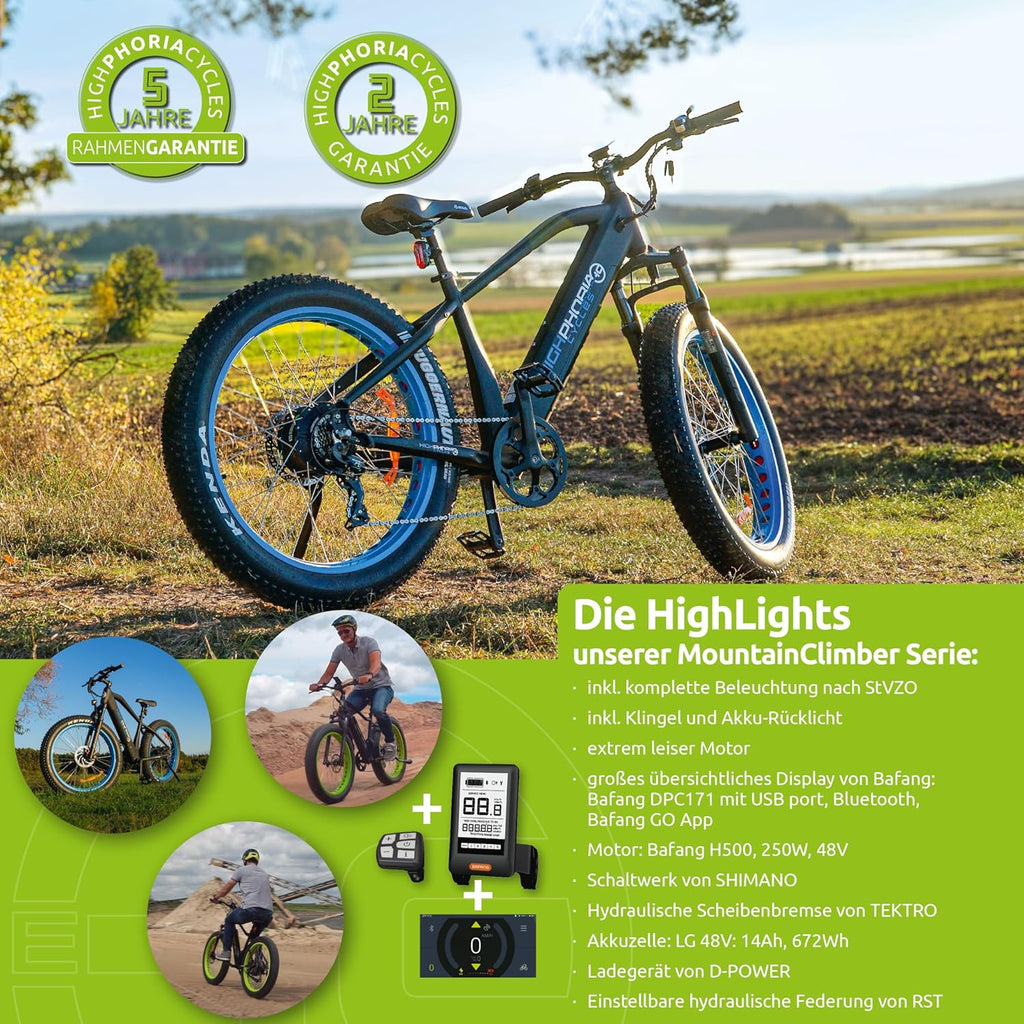 Highphoria Elektrofahrrad Erwachsene, 250W 25 km/h E-Bike mit Batterie, Starker Motor, Kettenschaltung, E-Mountainbike mit Hydraulische Federgabel Pedelec für Damen & Herren