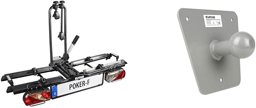 EUFAB 12010LAS Fahrradträger POKER-F, E-Bike geeignet, komplett vormontiert, Diebstahlschutz, für 2 Fahrräder, für Anhängerkupplung, Schwarz, 142 x 70 x 58 cm