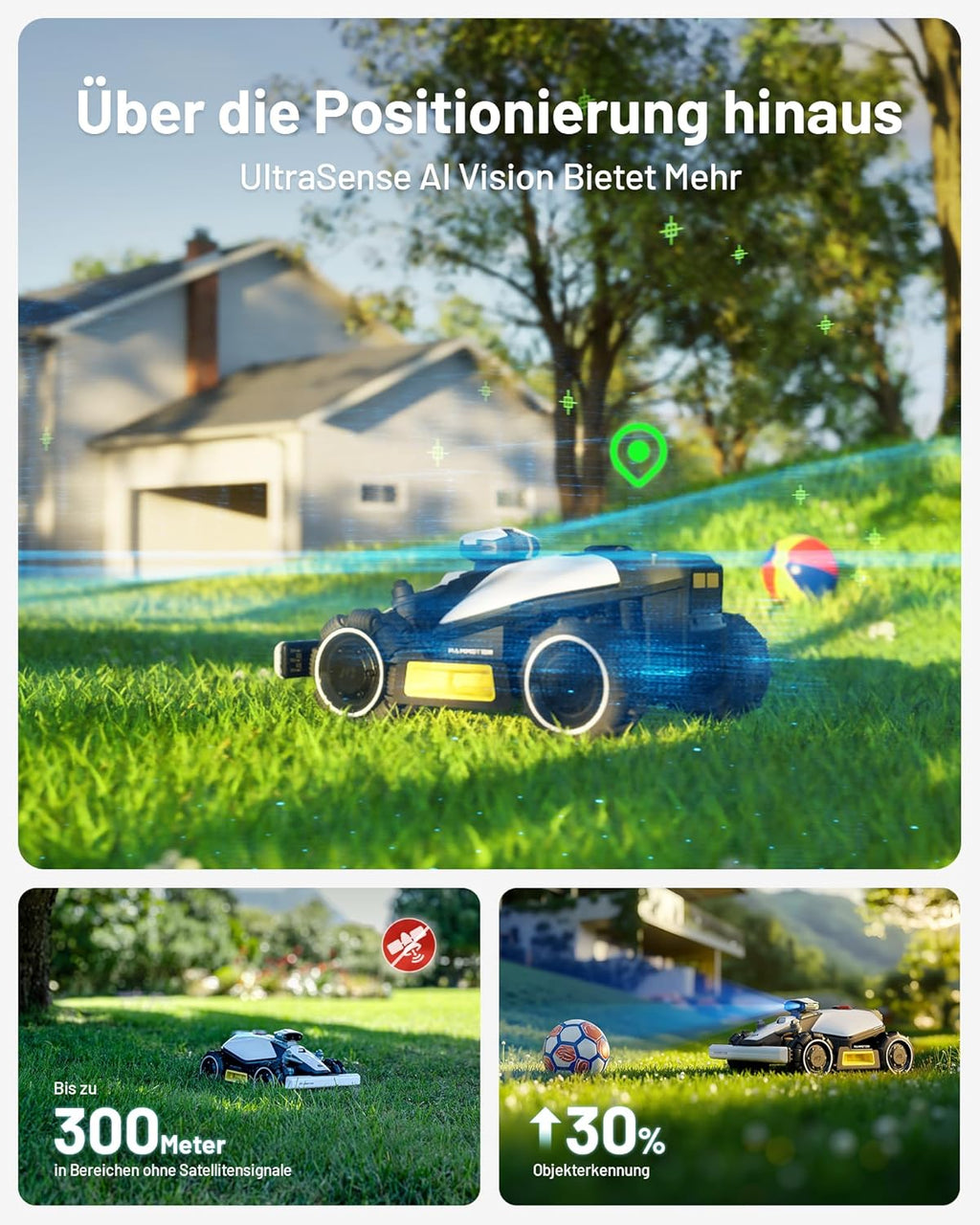 MAMMOTION LUBA 2 AWD 3000X Mähroboter ohne Begrenzungskabel, NetRTK+Vision, Keine RTK-Antenne erforderlich, Auto-Kartierung, Empf. 3000m², Max. 3600m², mit 4G-Modul, 80% Steigung