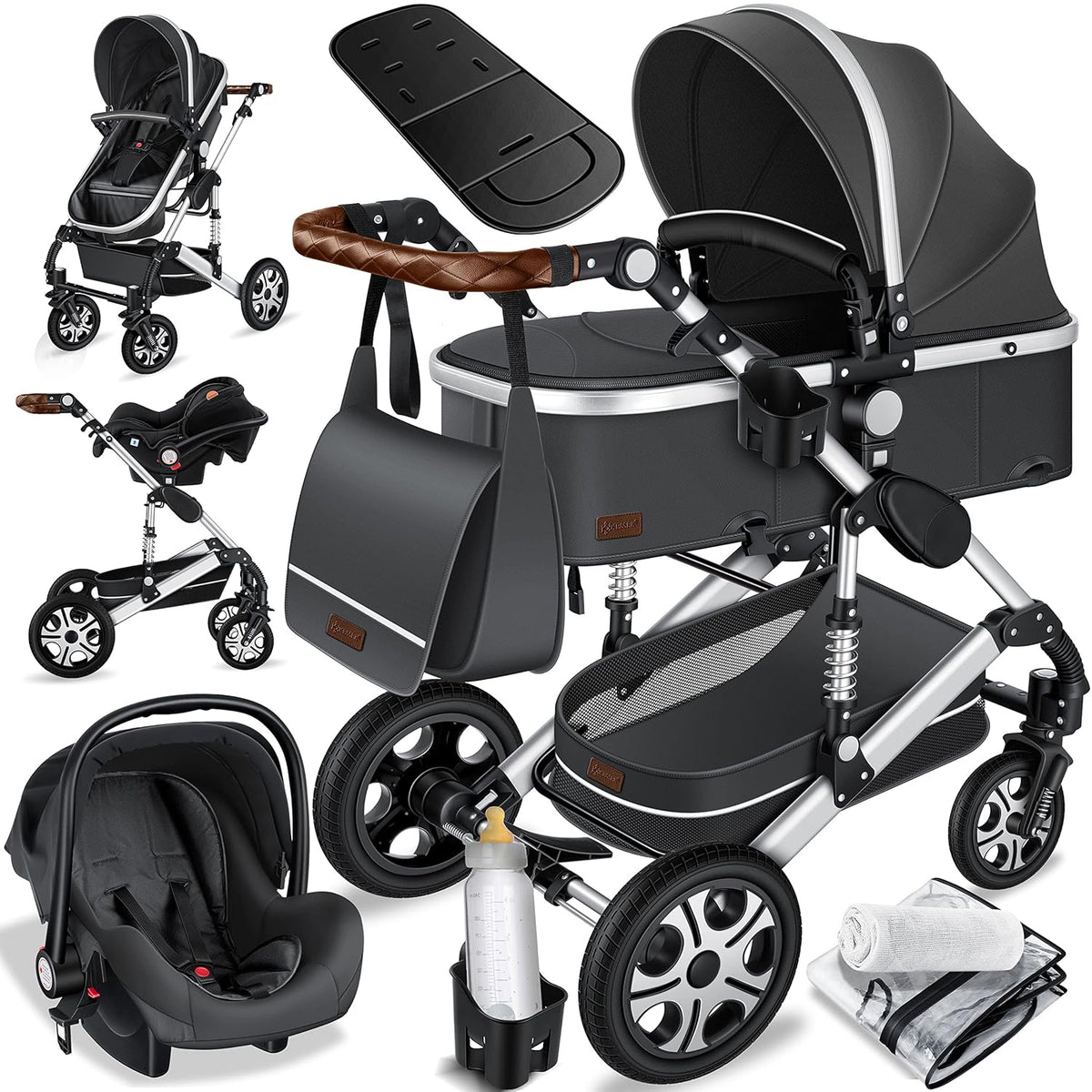 KESSER® Loops 3 in 1 Kinderwagen Kombikinderwagen Komplett-Set inkl. Babywanne & Buggy Sportsitz & Auto-Babyschale Voll-Gummireifen Wickeltasche Regenschutz Kindertisch ECE R129, Schwarz/Champagne