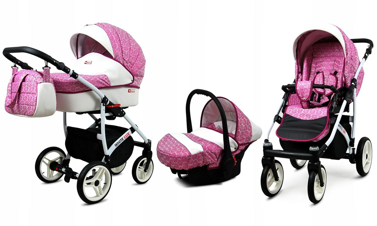 BabyLux® Bambimo Kinderwagen Set 3 in 1 - White Lux - incl. Babywanne, Buggy Sportsitz, Auto-Babyschale - Autositz - Kinderwagenset - Kombikinderwagen mit Wickeltasche, Regenschutz usw.