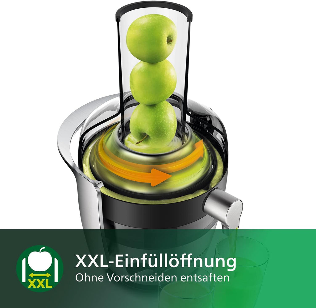 Philips Entsafter – 1100W, 2L, HomeID-Rezepte-App, XXL-Einfüllffnung, QuickClean (HR1921/20), 25 x 43.2 x 29.6 cm, Edelstahl