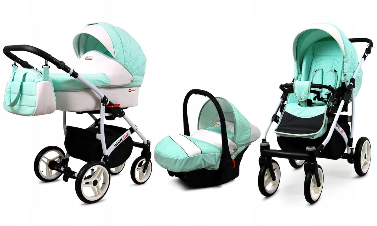 BabyLux® Bambimo Kinderwagen Set 3 in 1 - White Lux - incl. Babywanne, Buggy Sportsitz, Auto-Babyschale - Autositz - Kinderwagenset - Kombikinderwagen mit Wickeltasche, Regenschutz usw.