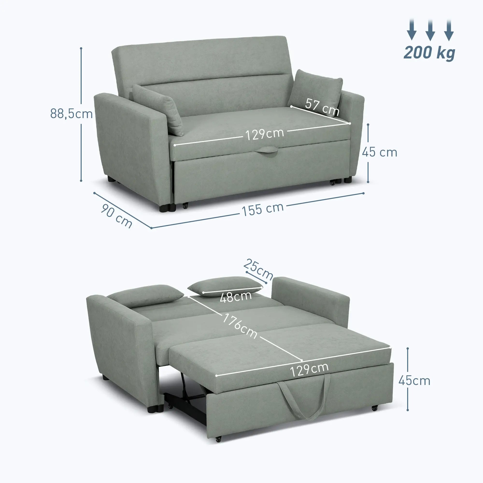 HOMCOM Schlafsofa 2-Sitzer mit Schlaffunktion und Rollen Eukalyptusholz