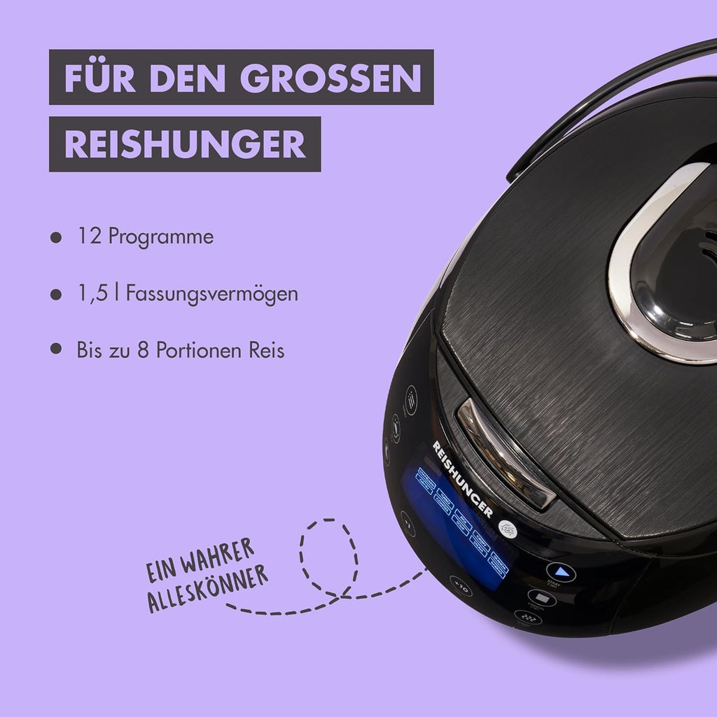 REISHUNGER Digitaler Reiskocher & Dampfgarer Schwarz | 1,5 L bis 8 Personen | Warmhaltefunktion, Timer & Premium Innentopf | Multikocher, 12 Programme, 7-Phasen-Technologie