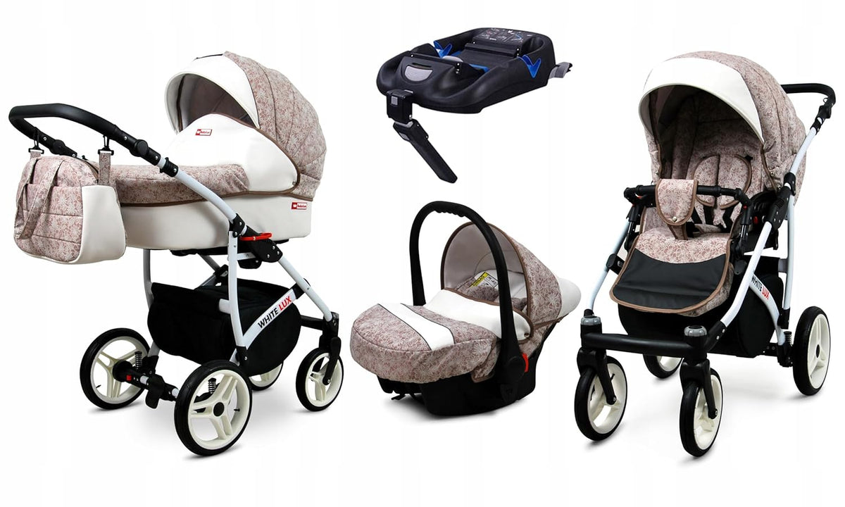 BabyLux® Bambimo Kinderwagen Set 3 in 1 - White Lux - incl. Babywanne, Buggy Sportsitz, Auto-Babyschale - Autositz - Kinderwagenset - Kombikinderwagen mit Wickeltasche, Regenschutz usw.
