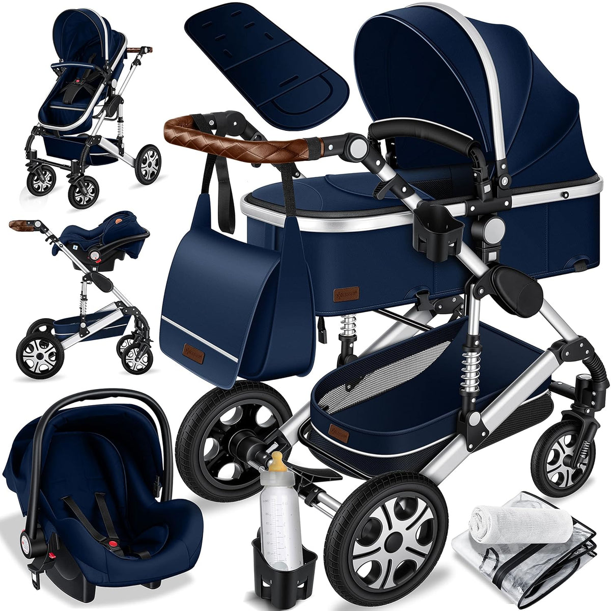 KESSER® Loops 3 in 1 Kinderwagen Kombikinderwagen Komplett-Set inkl. Babywanne & Buggy Sportsitz & Auto-Babyschale Voll-Gummireifen Wickeltasche Regenschutz Kindertisch ECE R129, Grau/Silber