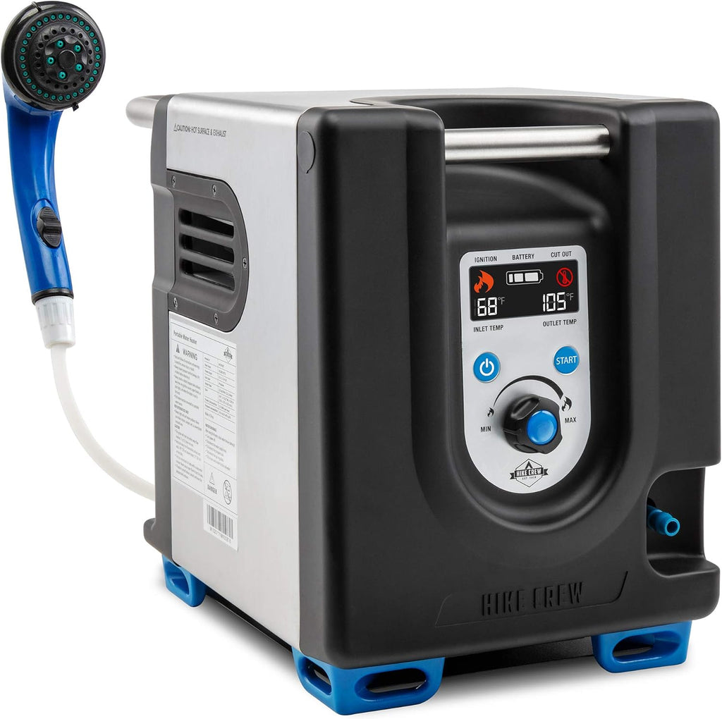Tragbarer Propan-Warmwasserbereiter und Duschpumpe mit eingebauter Batterie | Kompaktes Outdoor-Reinigungs- und Duschsystem mit LCD, Sicherheitsabschaltung und Tragetasche, sofort heißes Wasser für Camping und Wandern
