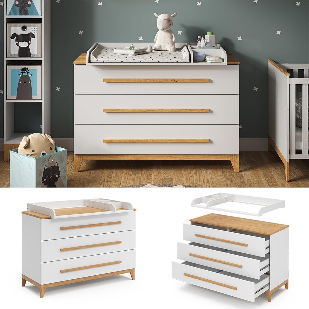 VitaliSpa Wickelkommode Malia, Weiß/Eiche, 133 x 98 cm XL mit 3 Schubladen