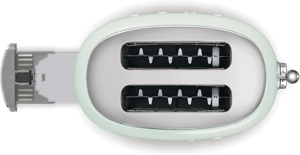 Smeg, 2x2 TSF01PGEU -Toaster, 2 Schlitze für 2 Scheiben, 6 Vergoldungsniveaus, Heizfunktion, Abtau- und Bagel- Funktion, Sammelschublade, 950W, Pastellgrün