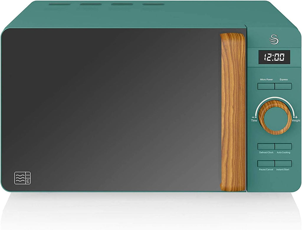 Swan Nordic Frühstücksset, Wasserkocher, 1,7 l, 2200 W, Breitschlitz-Toaster, 2 Scheiben, digitale Mikrowelle 20 l, modernes Design, Holzoptik, Grün