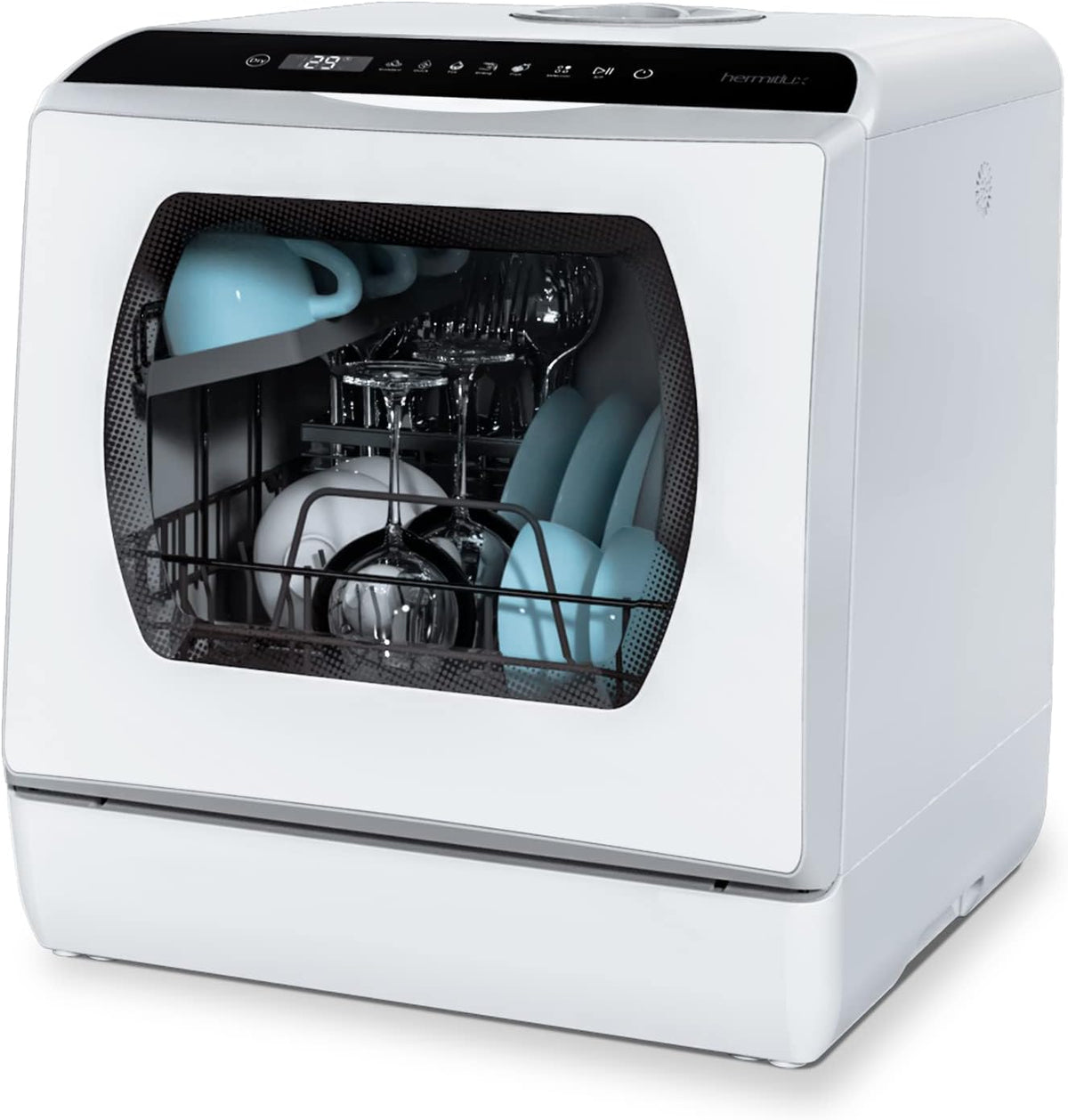 Hermitlux Mini Geschirrspüler, Spülmaschine für 4 Bestecksätze, 5 Liter Wassertank, 6 Programme Mini Tischgeschirrspüler, Perfekt für Wohnungen, Schlafsäle, Camping, Weiß