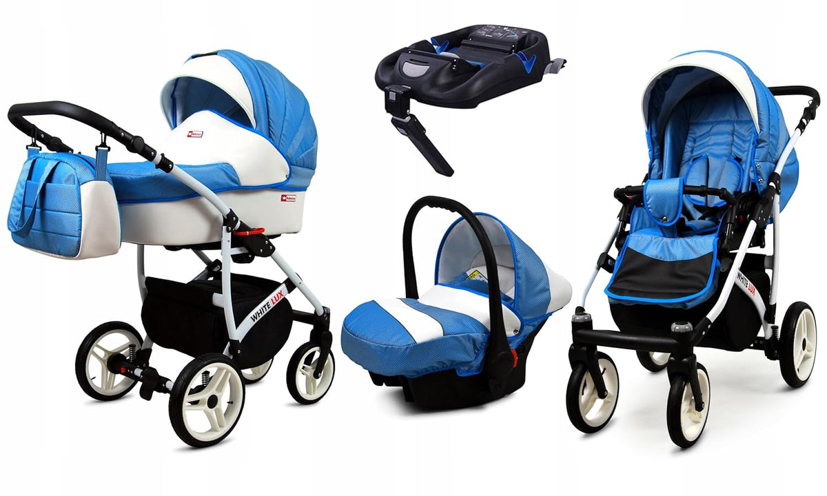 BabyLux® Bambimo Kinderwagen Set 3 in 1 - White Lux - incl. Babywanne, Buggy Sportsitz, Auto-Babyschale - Autositz - Kinderwagenset - Kombikinderwagen mit Wickeltasche, Regenschutz usw.