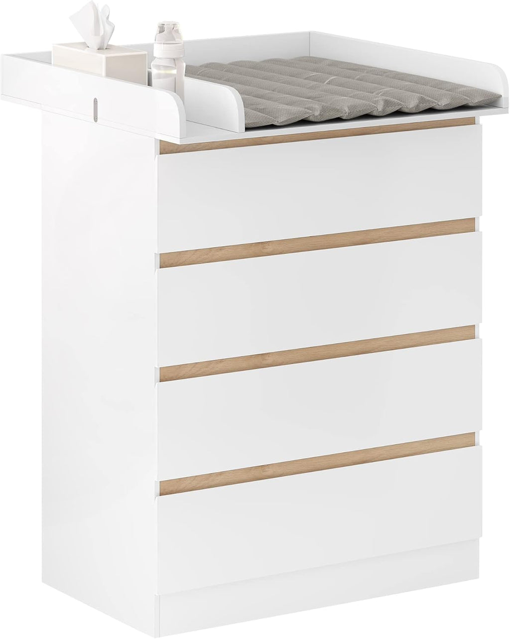 WOLTU Wickelkommode mit abnehmbarer Wickelaufsatz, Wickeltisch Baby, Wickelregal, Kommode mit 4 Schubladen, Höhe 110 cm, Weiß + Hochglanz Weiß