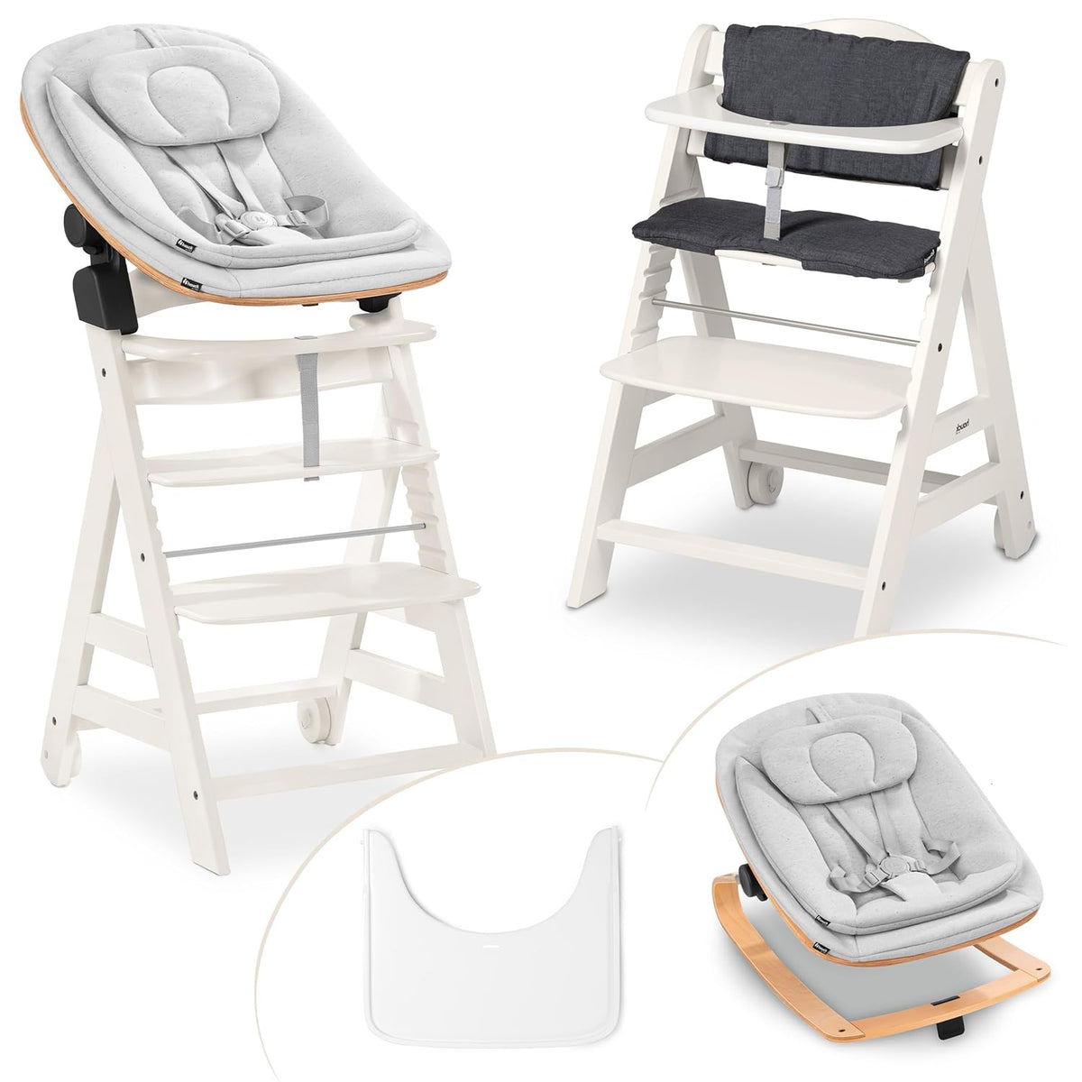 hauck Hochstuhl Beta+ Newborn Set Eco Bouncer - mitwachsender Holz Babyhochstuhl ab Geburt, inkl. Neugeborenenaufsatz, Sitzpolster und Essbrett - Dark Grey